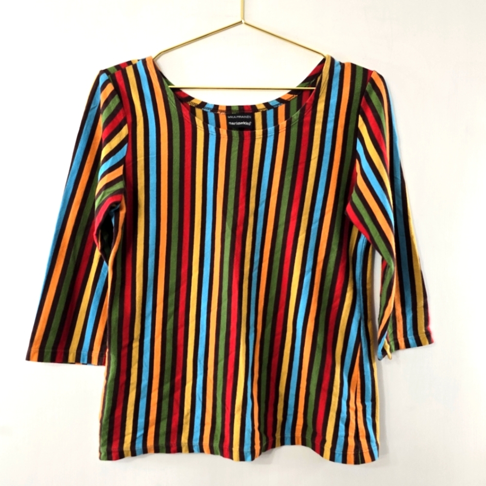 Marimekko Mika Piirainen Top Vertical Stripe Multicolor Striped Crop Sleeve Sz M